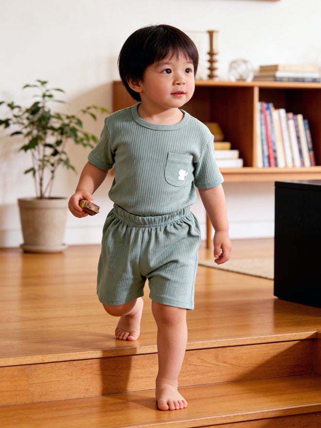 Babies Basic Premium Ribbed Cotton Short Sleeves T-Shirt and Plain Shorts Set - Image 3