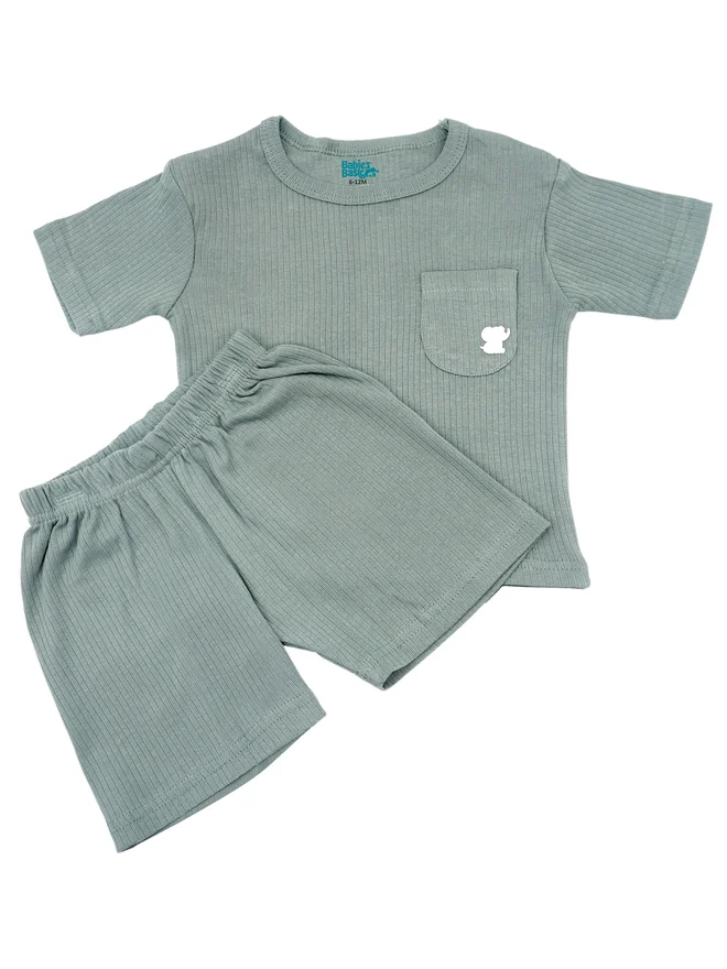 بابيز_بيسك Babies Basic Premium Ribbed Cotton Short Sleeves T-Shirt and Plain Shorts Set