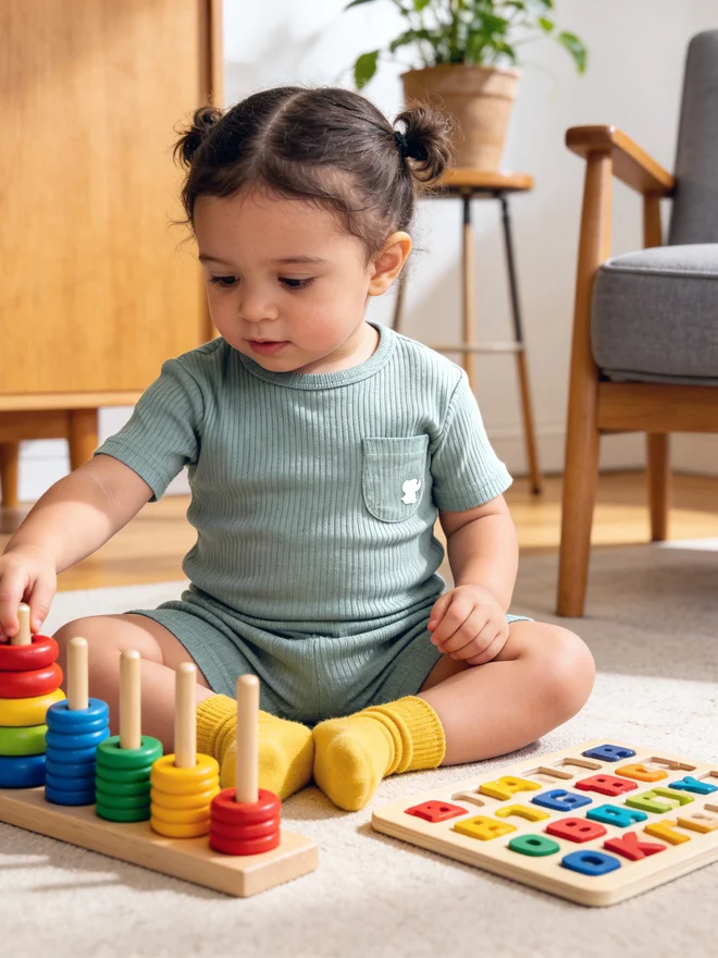 بابيز_بيسك Babies Basic Premium Ribbed Cotton Short Sleeves T-Shirt and Plain Shorts Set