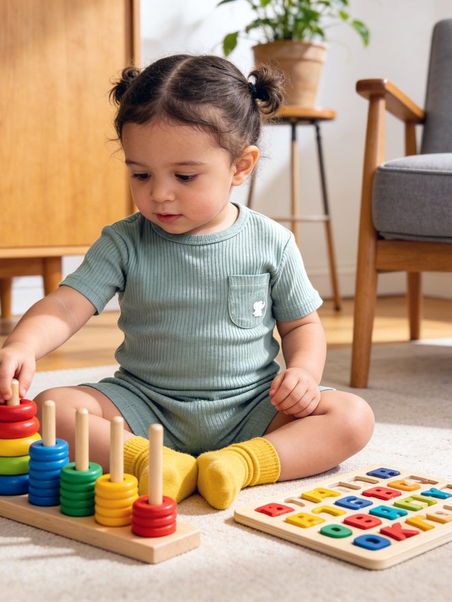 Babies Basic Premium Ribbed Cotton Short Sleeves T-Shirt and Plain Shorts Set - Image 2