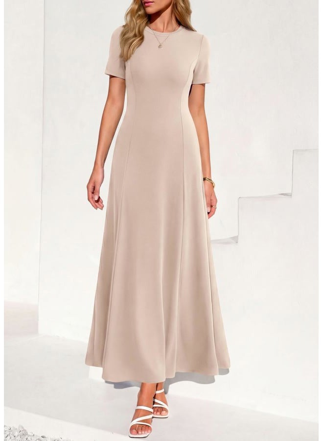 KIRUNDO Maxi Dresses for Women 2026 Short Sleeve Crewneck Pleated Flowy A Line Formal Wedding Guest Dress with Pockets, Beige, XL - Image 2