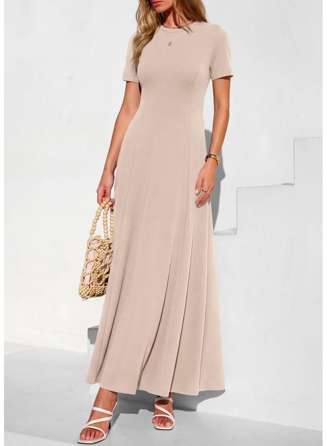 KIRUNDO Maxi Dresses for Women 2026 Short Sleeve Crewneck Pleated Flowy A Line Formal Wedding Guest Dress with Pockets, Beige, XL - Image 3