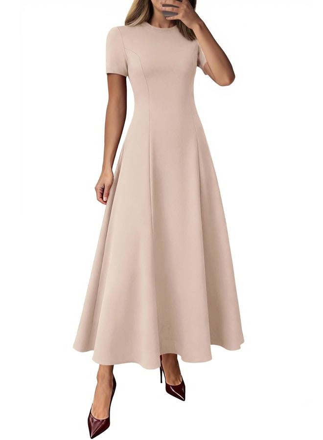 KIRUNDO Maxi Dresses for Women 2026 Short Sleeve Crewneck Pleated Flowy A Line Formal Wedding Guest Dress with Pockets, Beige, XL - Image 1