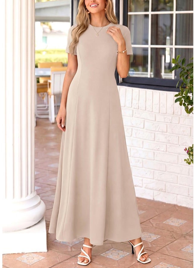 KIRUNDO Maxi Dresses for Women 2026 Short Sleeve Crewneck Pleated Flowy A Line Formal Wedding Guest Dress with Pockets, Beige, XL - Image 5