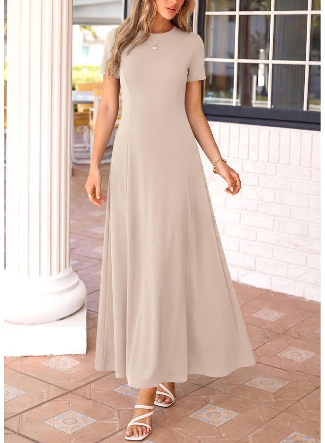 KIRUNDO Maxi Dresses for Women 2026 Short Sleeve Crewneck Pleated Flowy A Line Formal Wedding Guest Dress with Pockets, Beige, XL - Image 4