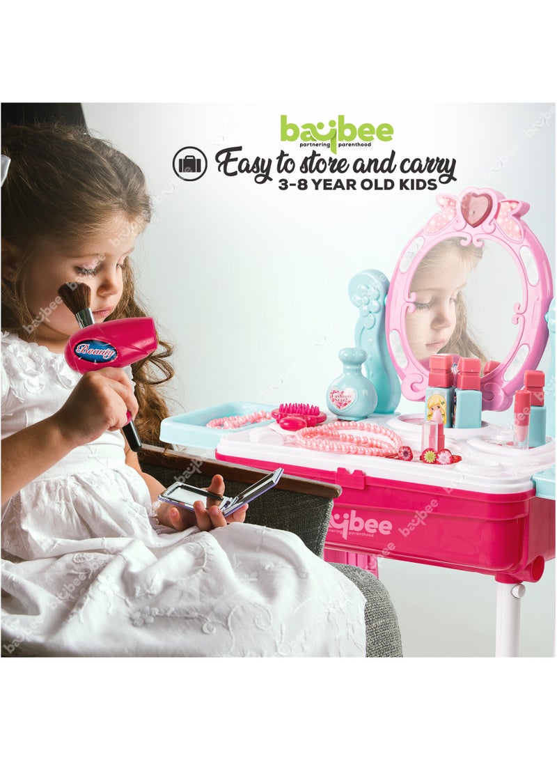 BAYBEE 2 In 1 Kids Beauty Set For Kids Girls, Convertible Dressing Table Playset and Portable Trolley Makeup Set Toys for Girls, Pretend Play Toys For Kids Girls, Role Play Toys Beauty Playset for kids For Girls 3+ Years Pink - Image 2