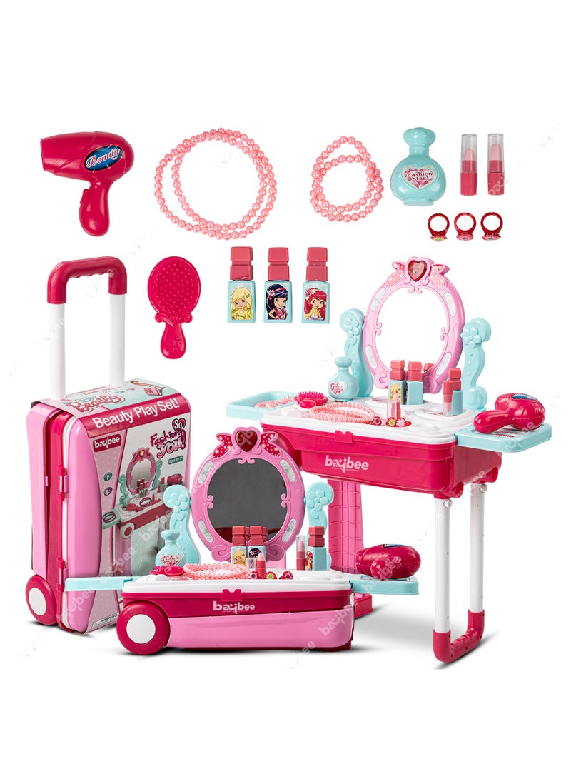 BAYBEE 2 In 1 Kids Beauty Set For Kids Girls, Convertible Dressing Table Playset and Portable Trolley Makeup Set Toys for Girls, Pretend Play Toys For Kids Girls, Role Play Toys Beauty Playset for kids For Girls 3+ Years Pink - Image 1