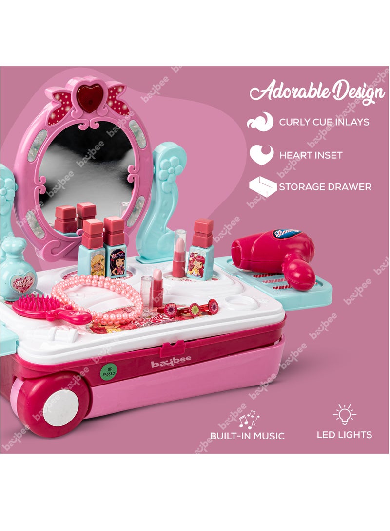BAYBEE 2 In 1 Kids Beauty Set For Kids Girls, Convertible Dressing Table Playset and Portable Trolley Makeup Set Toys for Girls, Pretend Play Toys For Kids Girls, Role Play Toys Beauty Playset for kids For Girls 3+ Years Pink - Image 3