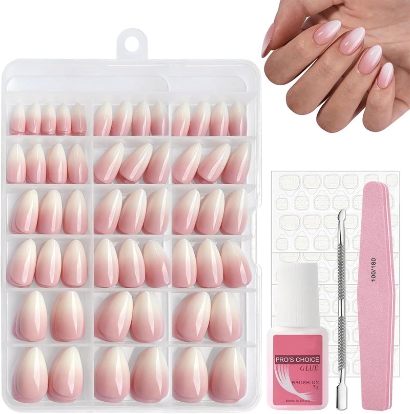 240Pcs French Ombre Press on Nails Short Natural Gradient Pink False Nails Kit Ombre Almond Fake Nails Pink Tips 12 Sizes Glossy Full Cover Stick on Nail with Glue for Women Girls Nails Art