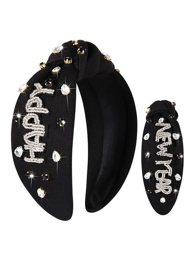 NVENF Happy New Year Headband For Women New Year’S Eve Accessories Gold Beaded Nye New Year Knotted Headband Holiday Rhinestone Jeweled Top Knot Headband New Year Party Headwear Gifts (Happy New Year 3) - Image 1