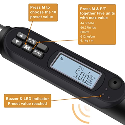 MULWARK 3/8" Digital Torque Wrench Electronic Set, with Buzzer & LED, 2.2-44.3 ft-lbs(3-60 Nm), High Precision Adjustable Electronic Torque Wrenches Car Repairing Tool Calibrated with Storage Case - Image 3