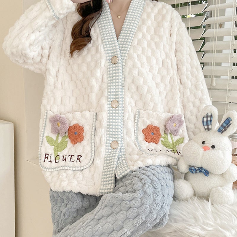 Cozy Coral Fleece Maternity Pajamas Set 230 chrysanthemum Blue Gray 
