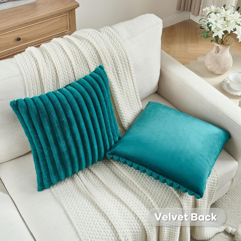 FUTEI Teal Green Striped Decorative Throw Pillow Covers 22x22 Inch Set of 2,Square Spring Decorations Couch Pillow Case,Soft Cozy Faux Rabbit Fur & Velvet Back,Modern Home Decor for Bed - Image 4