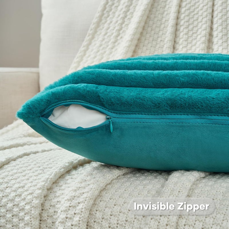 FUTEI Teal Green Striped Decorative Throw Pillow Covers 22x22 Inch Set of 2,Square Spring Decorations Couch Pillow Case,Soft Cozy Faux Rabbit Fur & Velvet Back,Modern Home Decor for Bed - Image 3