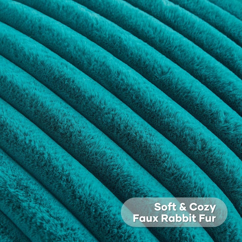 FUTEI Teal Green Striped Decorative Throw Pillow Covers 22x22 Inch Set of 2,Square Spring Decorations Couch Pillow Case,Soft Cozy Faux Rabbit Fur & Velvet Back,Modern Home Decor for Bed - Image 2