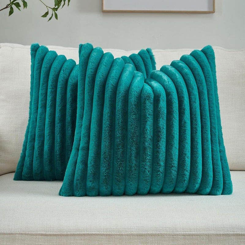 FUTEI Teal Green Striped Decorative Throw Pillow Covers 22x22 Inch Set of 2,Square Spring Decorations Couch Pillow Case,Soft Cozy Faux Rabbit Fur & Velvet Back,Modern Home Decor for Bed - Image 1