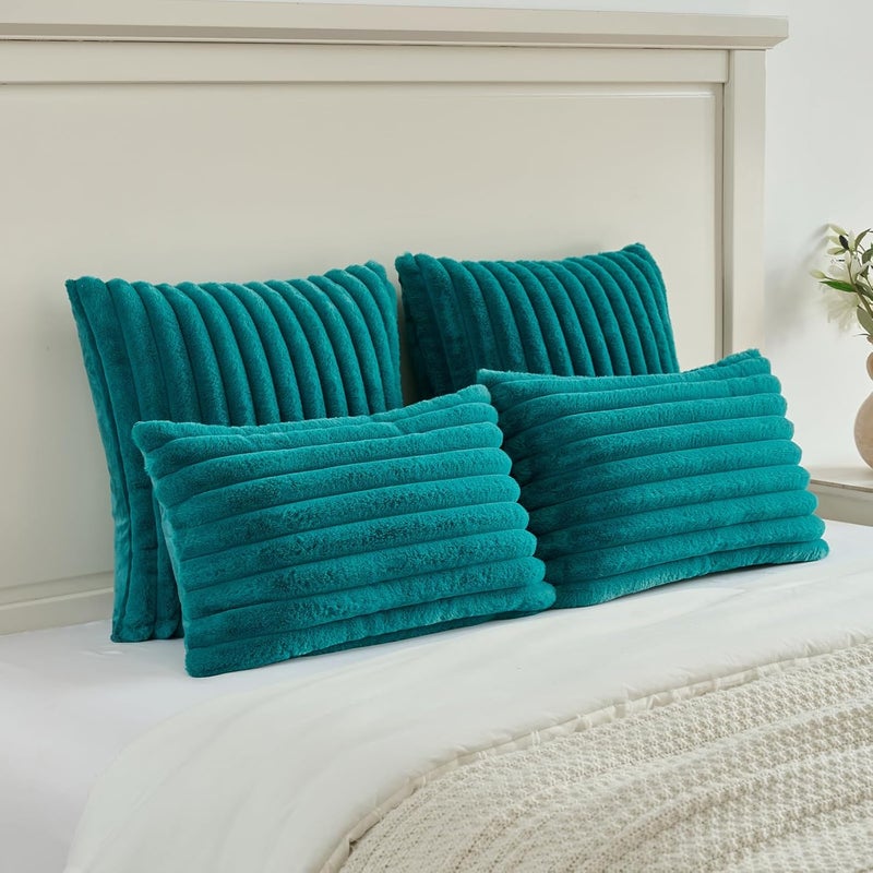FUTEI Teal Green Striped Decorative Throw Pillow Covers 22x22 Inch Set of 2,Square Spring Decorations Couch Pillow Case,Soft Cozy Faux Rabbit Fur & Velvet Back,Modern Home Decor for Bed - Image 5