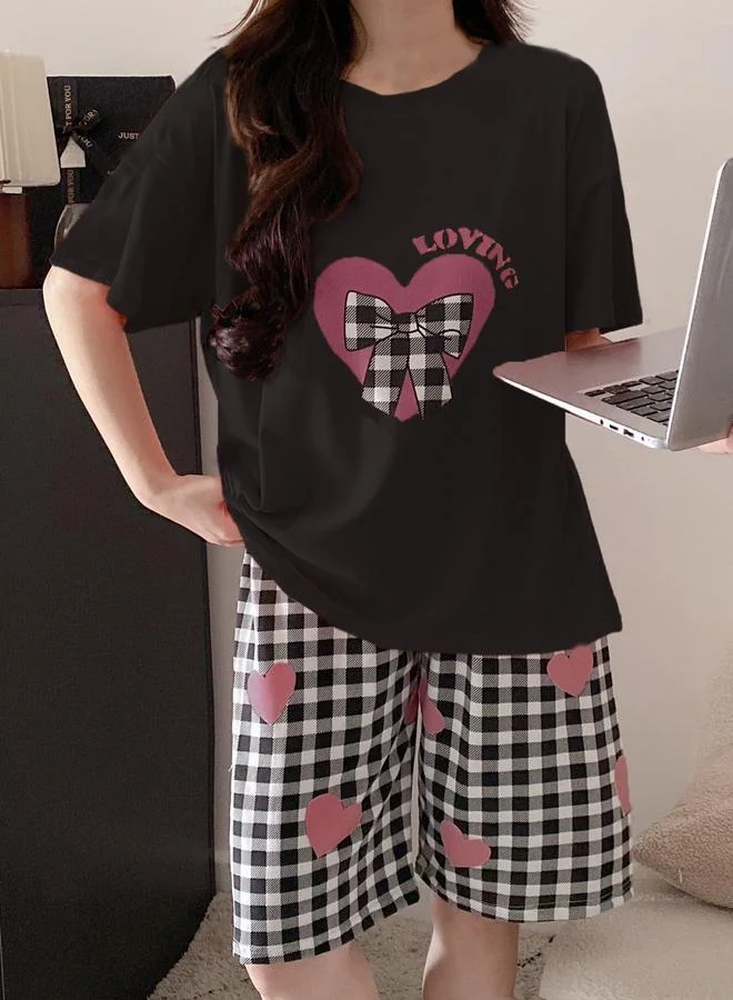 Take Two Black Plus Heart Print Round Neck Short Sleeve Top and Checked Shorts Pajama Set for Women | Best Price UAE