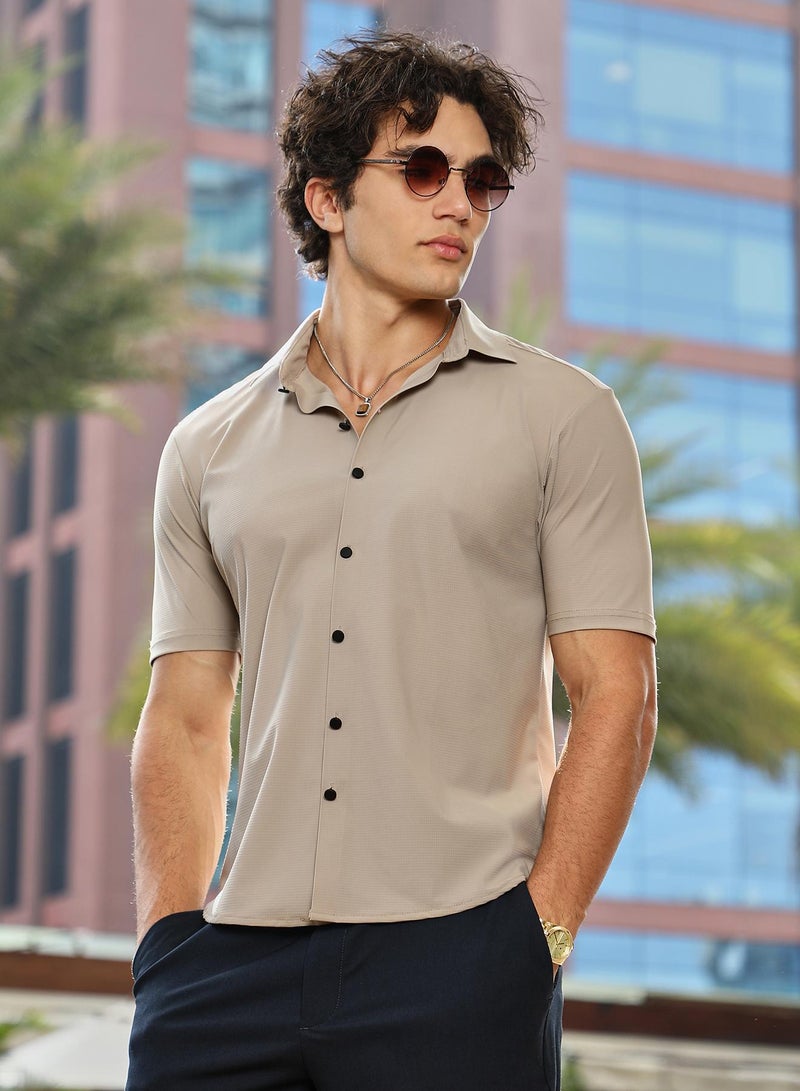 Campus Sutra Men's Sand Beige Seamless Waffle Shirt - Image 1