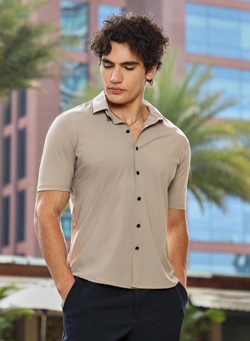 Campus Sutra Men's Sand Beige Seamless Waffle Shirt - Image 2