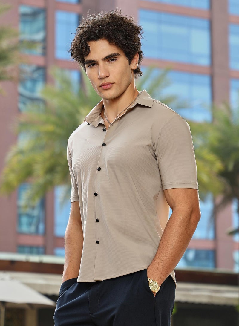 Campus Sutra Men's Sand Beige Seamless Waffle Shirt - Image 3