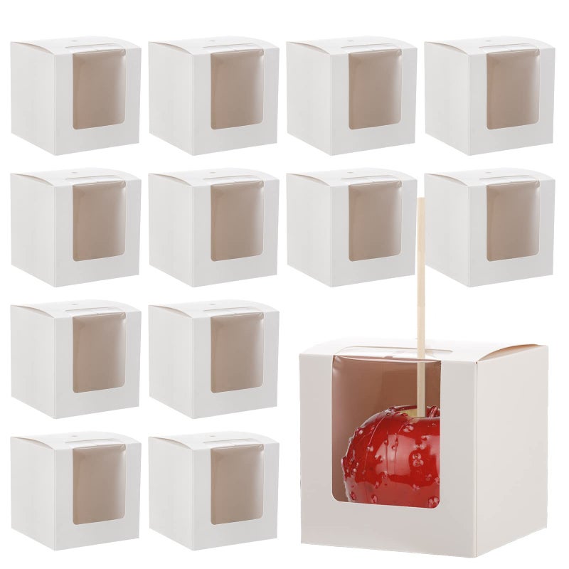 Frcctre 50 Pack White Kraft Candy Apple Boxes with Holes and Sticks, 4" x 4" x 4" Caramel Apple Box Gift Boxes Favor Boxes with Clear Window for Wedding Christmas Baby Shower Party Accessories - Image 1