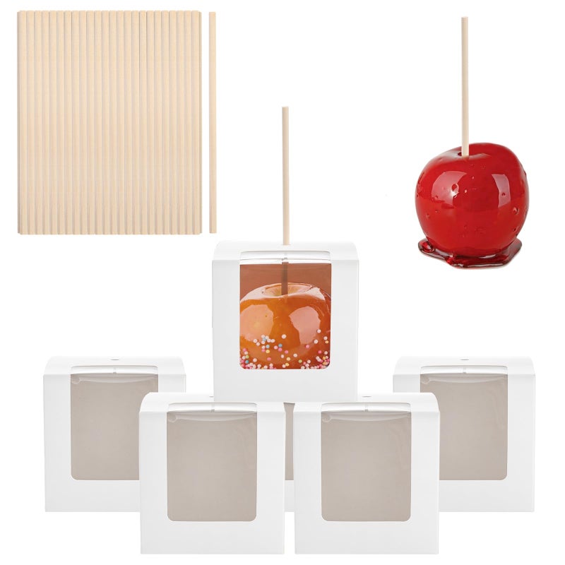 Frcctre 50 Pack White Kraft Candy Apple Boxes with Holes and Sticks, 4" x 4" x 4" Caramel Apple Box Gift Boxes Favor Boxes with Clear Window for Wedding Christmas Baby Shower Party Accessories - Image 3