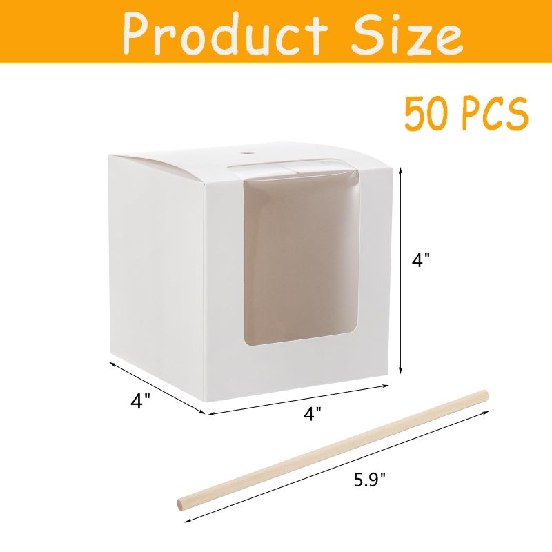 Frcctre 50 Pack White Kraft Candy Apple Boxes with Holes and Sticks, 4" x 4" x 4" Caramel Apple Box Gift Boxes Favor Boxes with Clear Window for Wedding Christmas Baby Shower Party Accessories - Image 2