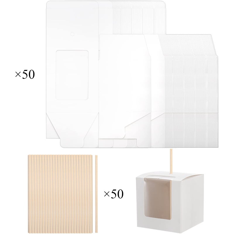 Frcctre 50 Pack White Kraft Candy Apple Boxes with Holes and Sticks, 4" x 4" x 4" Caramel Apple Box Gift Boxes Favor Boxes with Clear Window for Wedding Christmas Baby Shower Party Accessories - Image 4