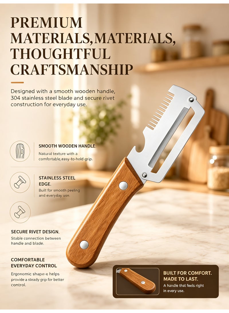 Closeli 2Pack Multi-Functional Potato Peeler, Stainless Steel 3-in-1 Fruit Vegetable Peeler with Wooden Handle, Julienne Cutter & Built-in Bottle Opener, Ergonomic Compact Kitchen Gadget for Apple, Carrot, Pumpkin and Other Fruits Vegetables - Image 4