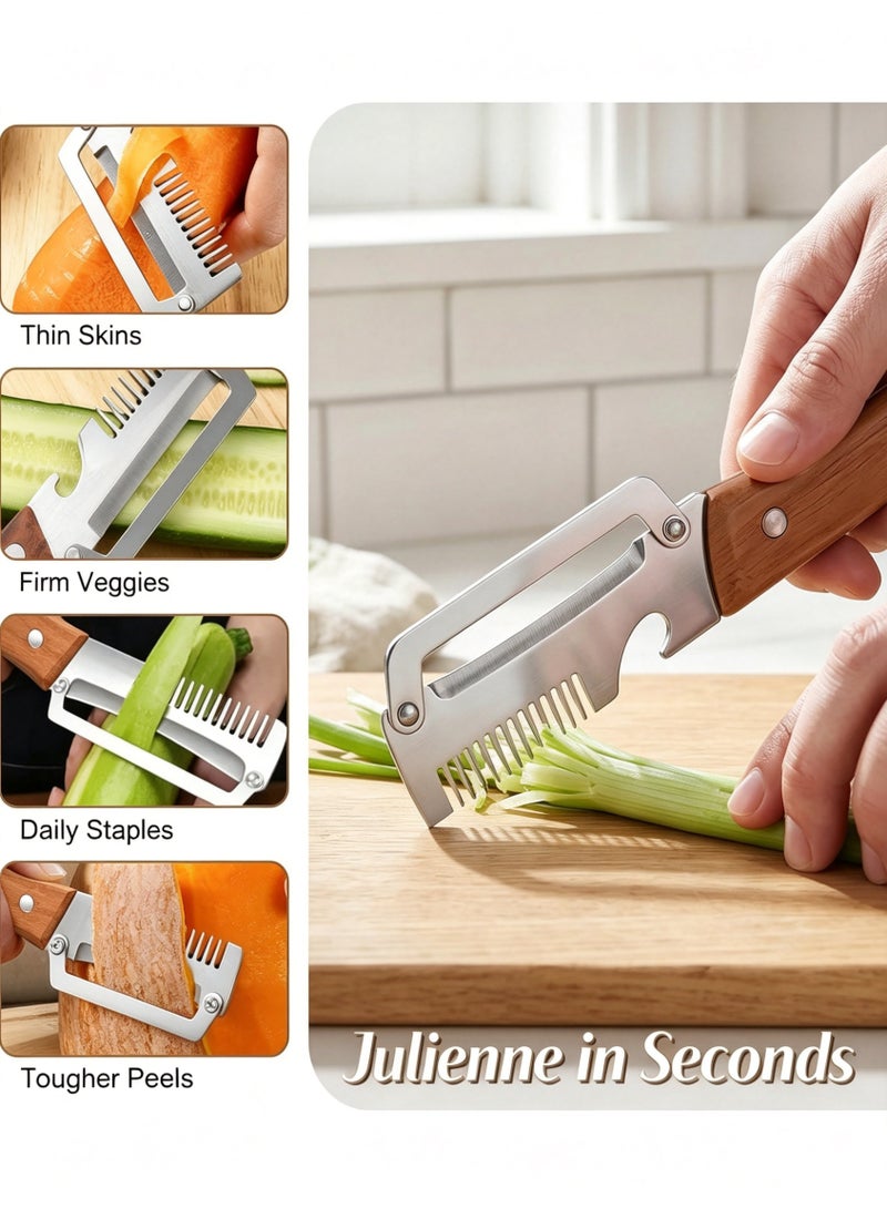 Closeli 2Pack Multi-Functional Potato Peeler, Stainless Steel 3-in-1 Fruit Vegetable Peeler with Wooden Handle, Julienne Cutter & Built-in Bottle Opener, Ergonomic Compact Kitchen Gadget for Apple, Carrot, Pumpkin and Other Fruits Vegetables - Image 5