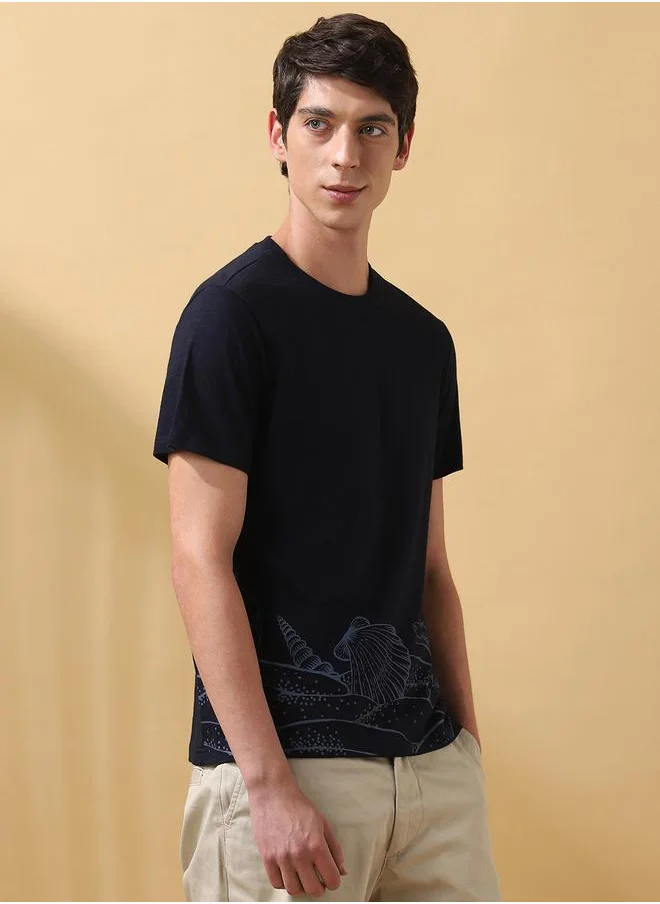Dennis Lingo Navy Cotton Printed Pattern Regular Fit T-Shirts for Men with Round Neck Neckline Half Sleeves Regular Length Upper Body Wear T-shirts Knitted Weave - Perfect for Lifestyle Occasions