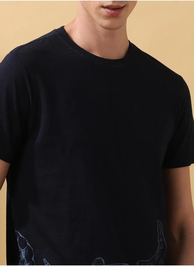 Dennis Lingo Navy Cotton Printed Pattern Regular Fit T-Shirts for Men with Round Neck Neckline Half Sleeves Regular Length Upper Body Wear T-shirts Knitted Weave - Perfect for Lifestyle Occasions
