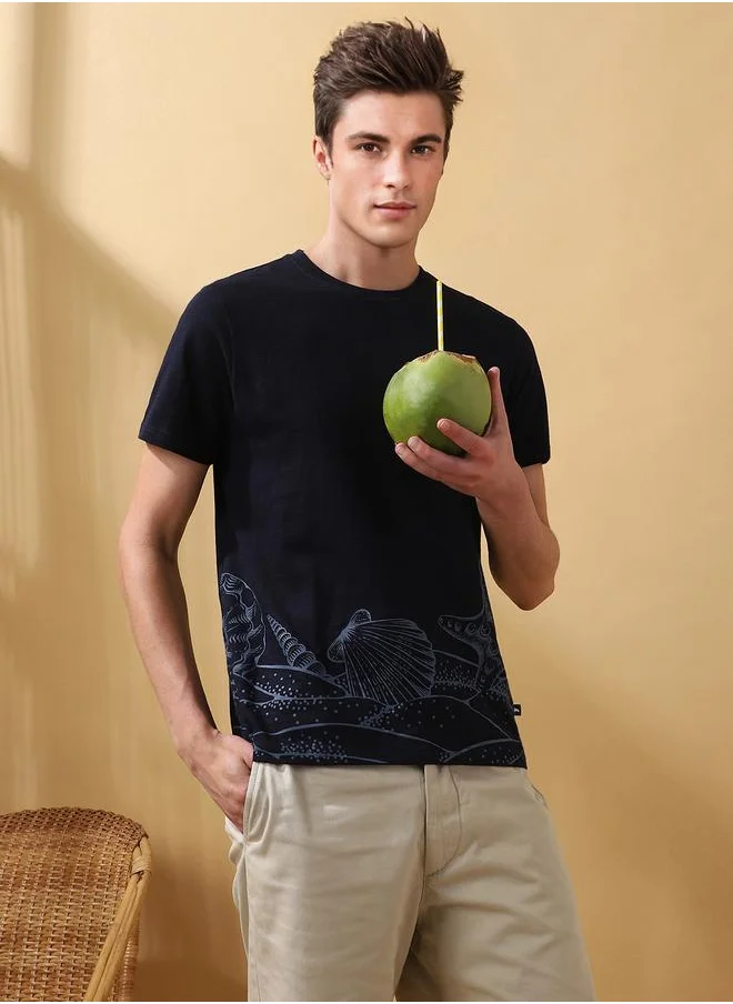 دينيس لينغو Men's Navy 100% Cotton Printed Regular Fit T-Shirt