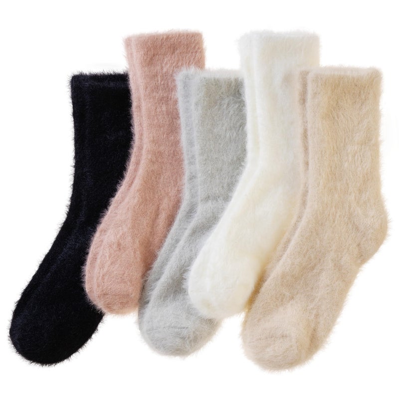 SeeyAN Fuzzy Socks For Women Fluffy Slipper Thick Cozy Ruffle Winter Home Sleeping Warm Thermal Comfy Socks 5 Pairs (Black/White/Grey/Khaki/Brown) - Image 1