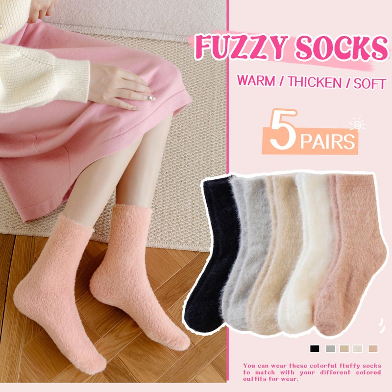 SeeyAN Fuzzy Socks For Women Fluffy Slipper Thick Cozy Ruffle Winter Home Sleeping Warm Thermal Comfy Socks 5 Pairs (Black/White/Grey/Khaki/Brown) - Image 4