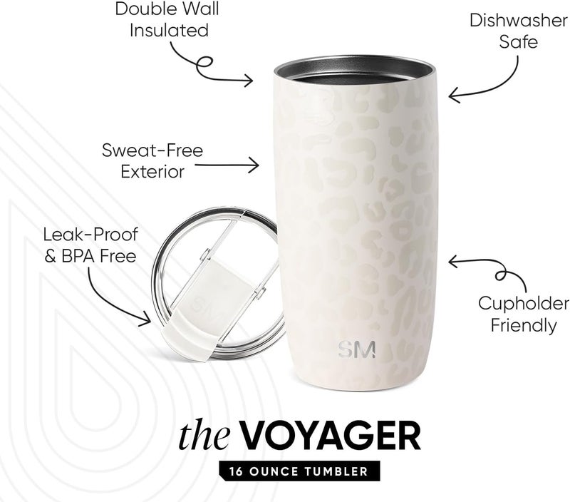 Travel Coffee Mug Tumbler with Flip Lid | Reusable Insulated Stainless Steel Cold Brew Iced Coffee Cup Thermos | Gifts for Women Men Him Her | Voyager Collection | 16oz | Cream Leopard - Image 2