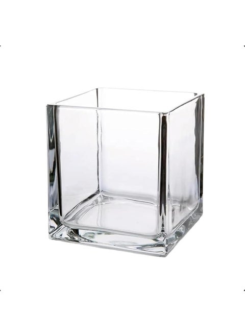 Clear glass square vases with various decorative uses plants, candles, table