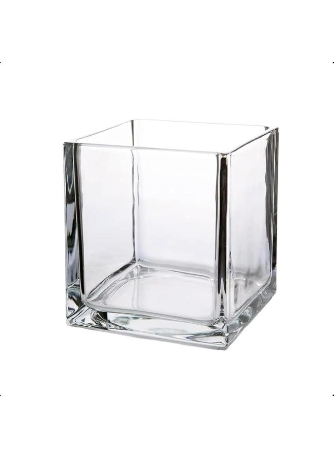 Clear glass square vases with various decorative uses plants, candles, table
