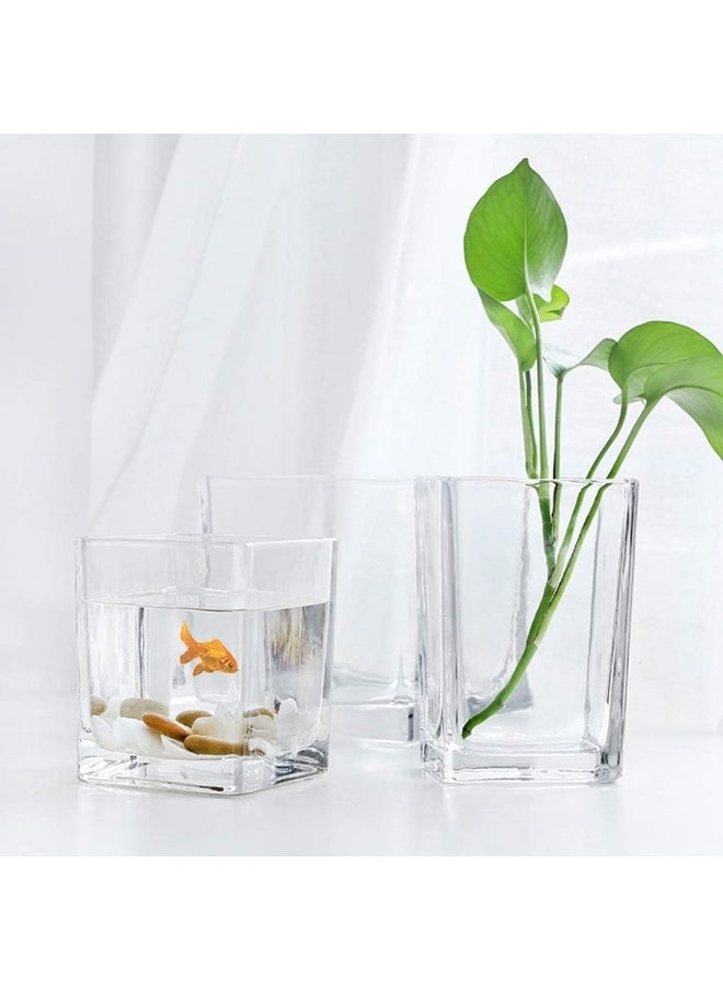 Clear glass square vases with various decorative uses plants, candles, table