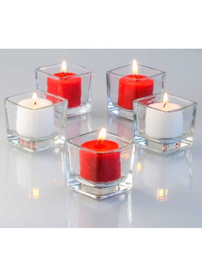 Clear glass square vases with various decorative uses plants, candles, table
