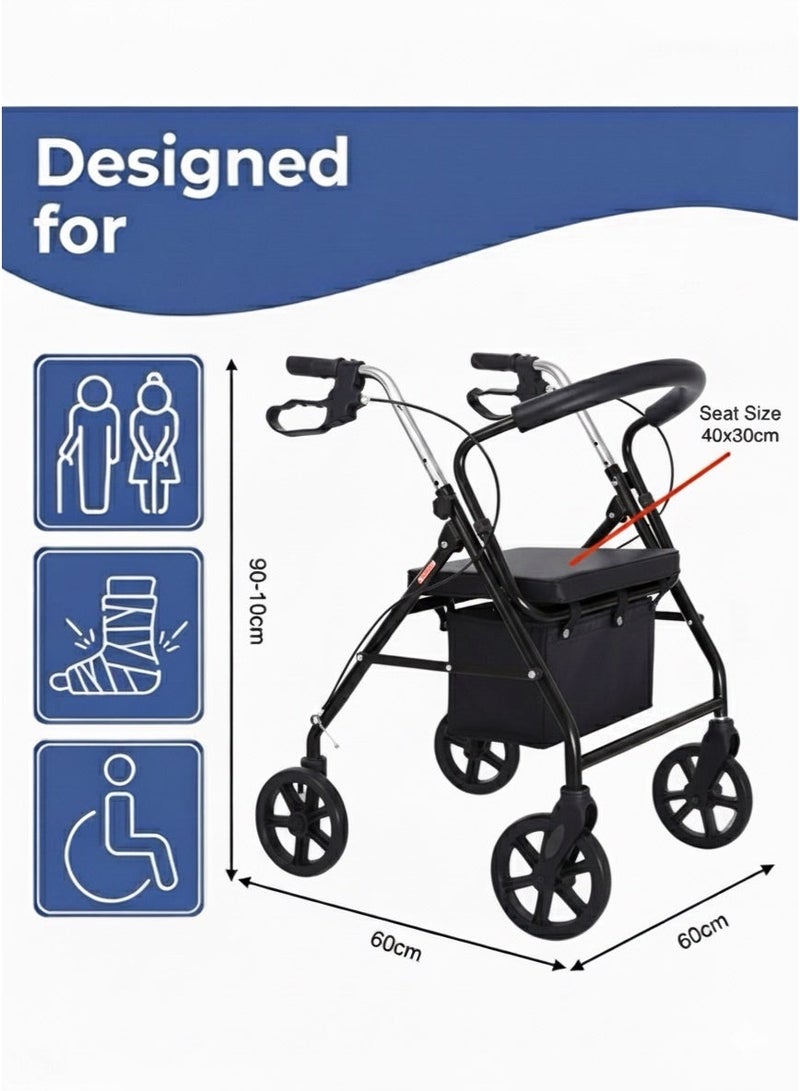 Large Foldable Walker Rollator for Seniors and Adults with Chair and Storage Bag-Black(Fully Assembled) - Image 2