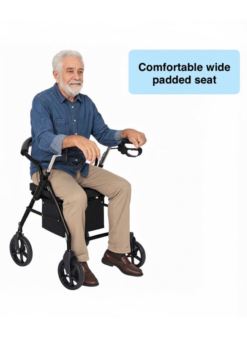 Large Foldable Walker Rollator for Seniors and Adults with Chair and Storage Bag-Black(Fully Assembled) - Image 3