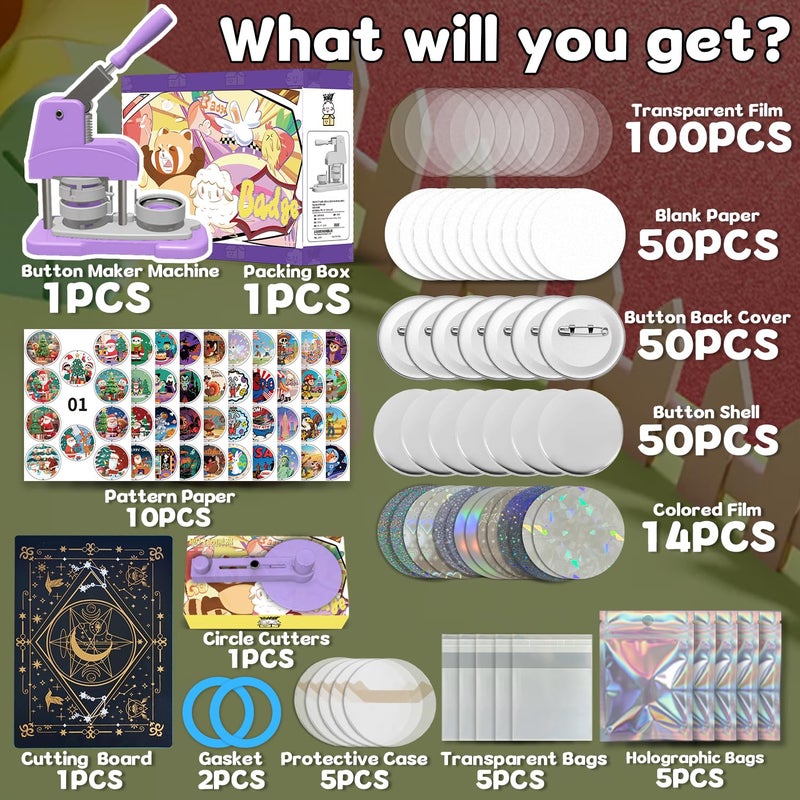ppttoodd Button Maker Machine 58mm (2.25 inch), DIY Button Pin Maker Machine Comes with Free Button Parts, Circle Cutter, Cutting Board, Pattern Paper, Holographic Bags, Colored Film, and Protective Case - Image 2