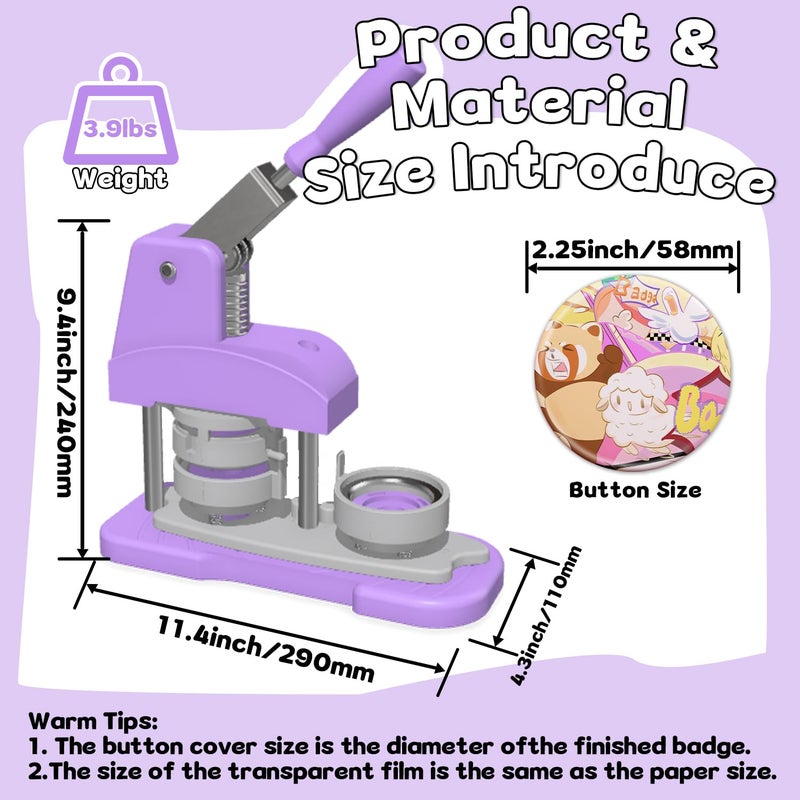 ppttoodd Button Maker Machine 58mm (2.25 inch), DIY Button Pin Maker Machine Comes with Free Button Parts, Circle Cutter, Cutting Board, Pattern Paper, Holographic Bags, Colored Film, and Protective Case - Image 4