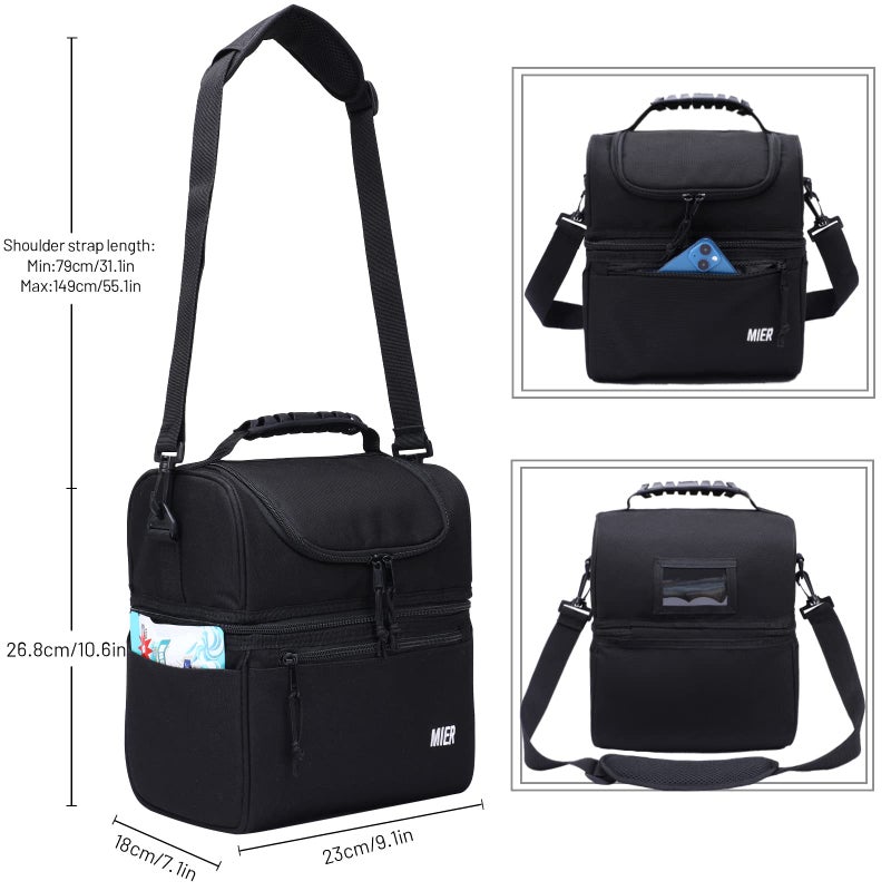 MIER 2 Compartment Lunch Bag for Men Women, Leakproof Insulated Cooler Bag for Work, Black - Image 2