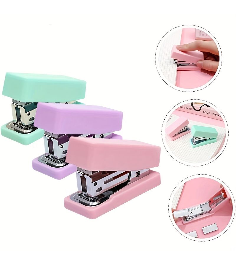 3 Pcs Three Colors Mini Stapler Set With 500pcs No 10 Staples Cute Stationery For Office Use - Image 3