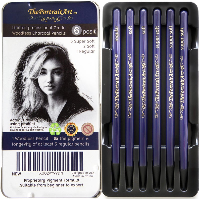 ThePortraitArt Artist Woodless Pure Charcoal Pencils - Ultra Soft and Dark – 6pc Set Equivalent to 25+ Regular Pencils – Smooth Consistency on All Drawing Papers - Image 1