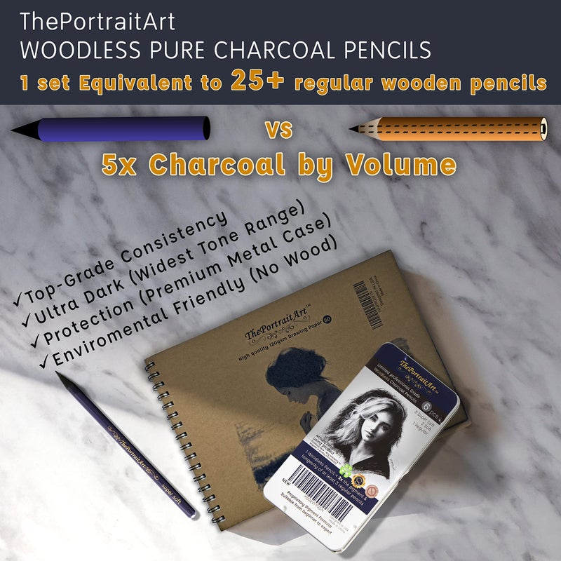 ThePortraitArt Artist Woodless Pure Charcoal Pencils - Ultra Soft and Dark – 6pc Set Equivalent to 25+ Regular Pencils – Smooth Consistency on All Drawing Papers - Image 2