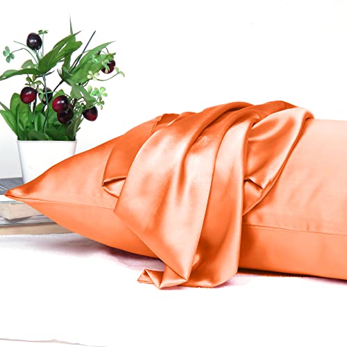 Riara Satin Silk Pillowcase Pillow Case Covers with Envelop Closure for Hair and Skin Home Bed Decor Set of 2 Pillowcase Free 3 Pc Scrunchie (Queen Size (20"x30"), Orange Peel) - Image 3